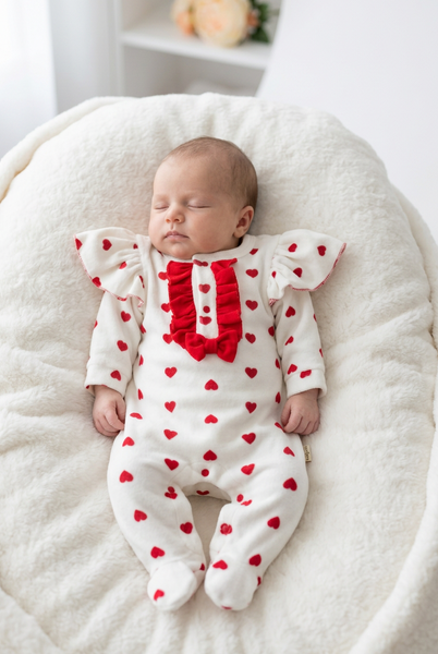 Baby Girls Red Frilly Love Heart Velour Sleepsuit/ Babygrow ~ 0-9m