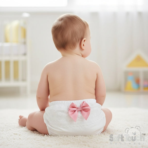 Traditional Baby Girls White Lace & Bow Frilly Pants