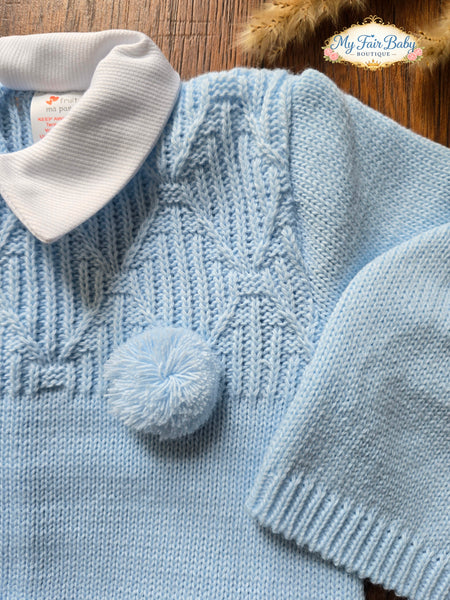 Spanish Baby Boys Blue Knitted 3pc Set ~ 0-3m
