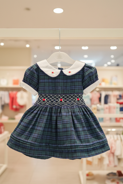 Beau Kid Traditional Girls Green Smocked Tartan Christmas Dress 1J2402A - 6m-7y