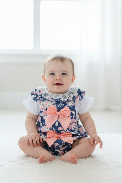 Spanish Baby Girls Navy & Peach Floral Romper M002 ~ 3-36m
