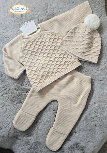 Spanish Unisex Baby Camel & Cream Knitted Lattice 3PC Set C7005 - 1-6m