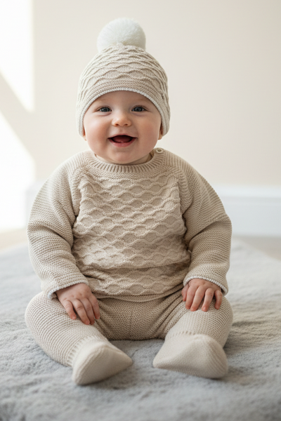 Spanish Unisex Baby Camel & Cream Knitted Lattice 3PC Set C7005 - 1-6m
