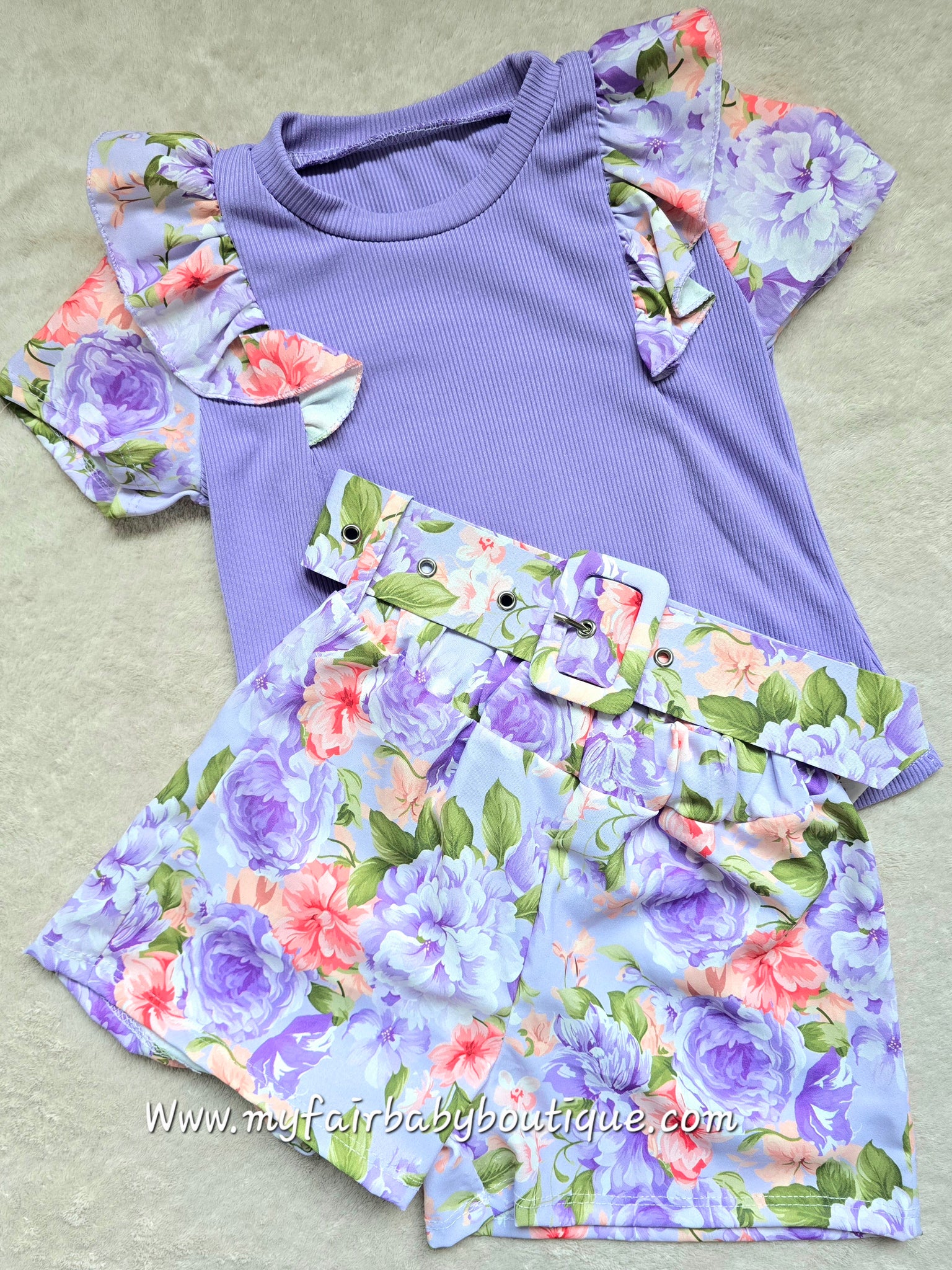Girls Lilac Top & Floral Short Set - 4-14y
