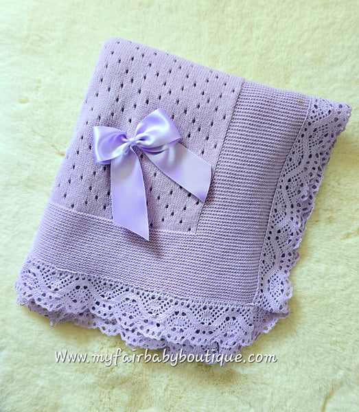 Spanish Baby Girls Lilac Lace & Bow Shawl / Blanket