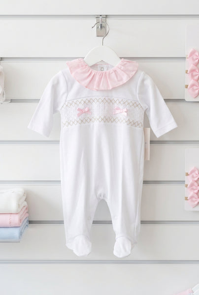 Spanish Baby Girls White & Pink Smocked Cotton Sleepsuit/Babygrow SG66 ~ NB-3m