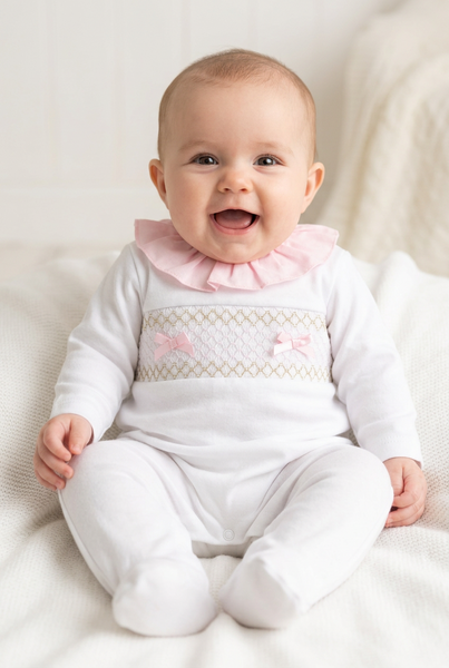 Spanish Baby Girls White & Pink Smocked Cotton Sleepsuit/Babygrow SG66 ~ NB-3m