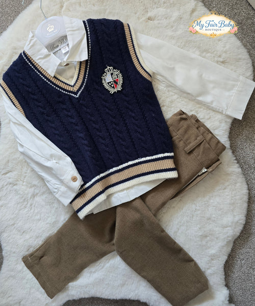 Beau Kid Traditional Boys Navy & Camel Tank Top 3pc Set 2802