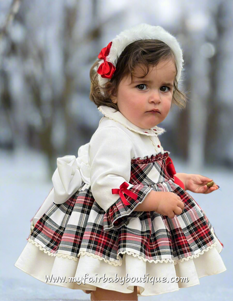 Sonata Infantil AW25 Spanish Girls Ivory Velvet & Red Plaid Christmas Puffball Dress IN2503 ~ MADE TO ORDER