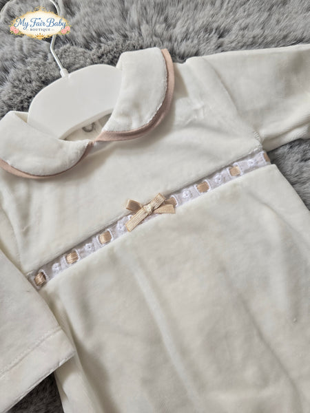 Spanish Unisex Baby Cream & Camel Velour Sleepsuit/Babygrow