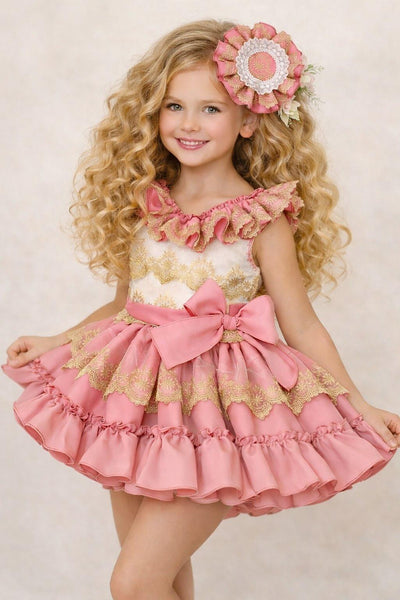 Ela Confeccion SS26 Girls Pink & Camel Puffball Dress - MADE TO ORDER