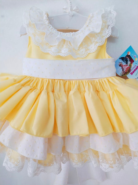 Sonata Infantil Spanish Girls Yellow & White Ruffled Puffball Dress M36 - MADE TO ORDER