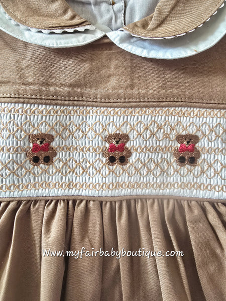 Mabini Traditional Spanish Girls Chocolate Smocked Teddy Bear Dress 1720