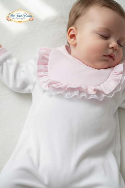 Spanish Baby Girls White & Pink Frill Velour Sleepsuit/Babygrow ~ NB-6m