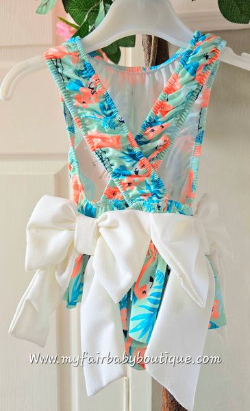 Girls Mint Flamingo Print Bow Swimsuit ~ 2-12y