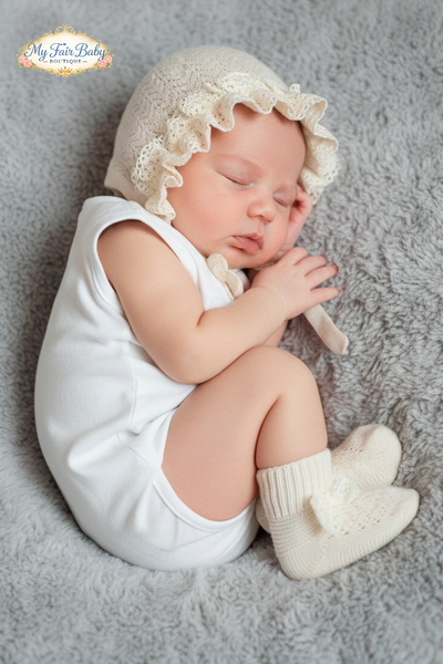 Spanish Baby Girls Beige Knitted Bonnet & Sock Set ~ 0-6 months