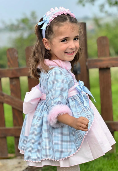 Sonata Infantil AW25 Spanish Girls Blue & Pink Check Puffball Dress IN2519 ~ MADE TO ORDER