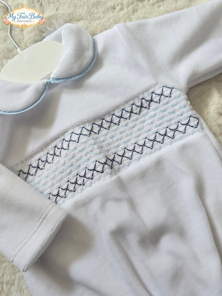 Spanish Baby Boys White & Blue Smocked Velour Sleepsuit/Babygrow