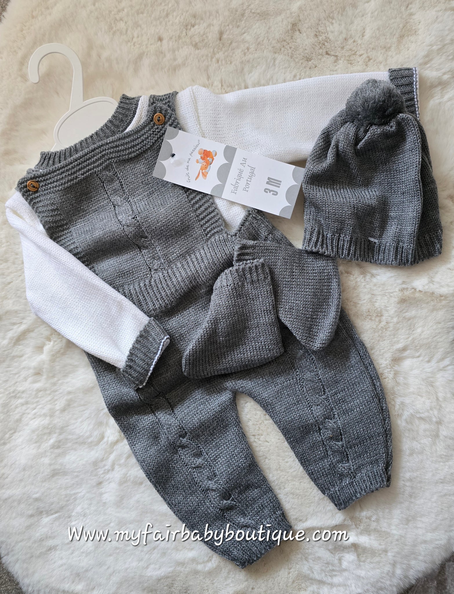 Spanish Baby Boys Grey Knitted Romper 4pc Set ~ 3-6m