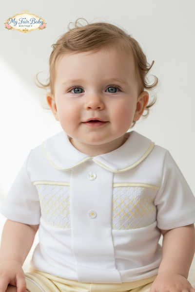 Spanish Baby Boys White & Lemon Smocked Cotton Short Set ~ 1-18m