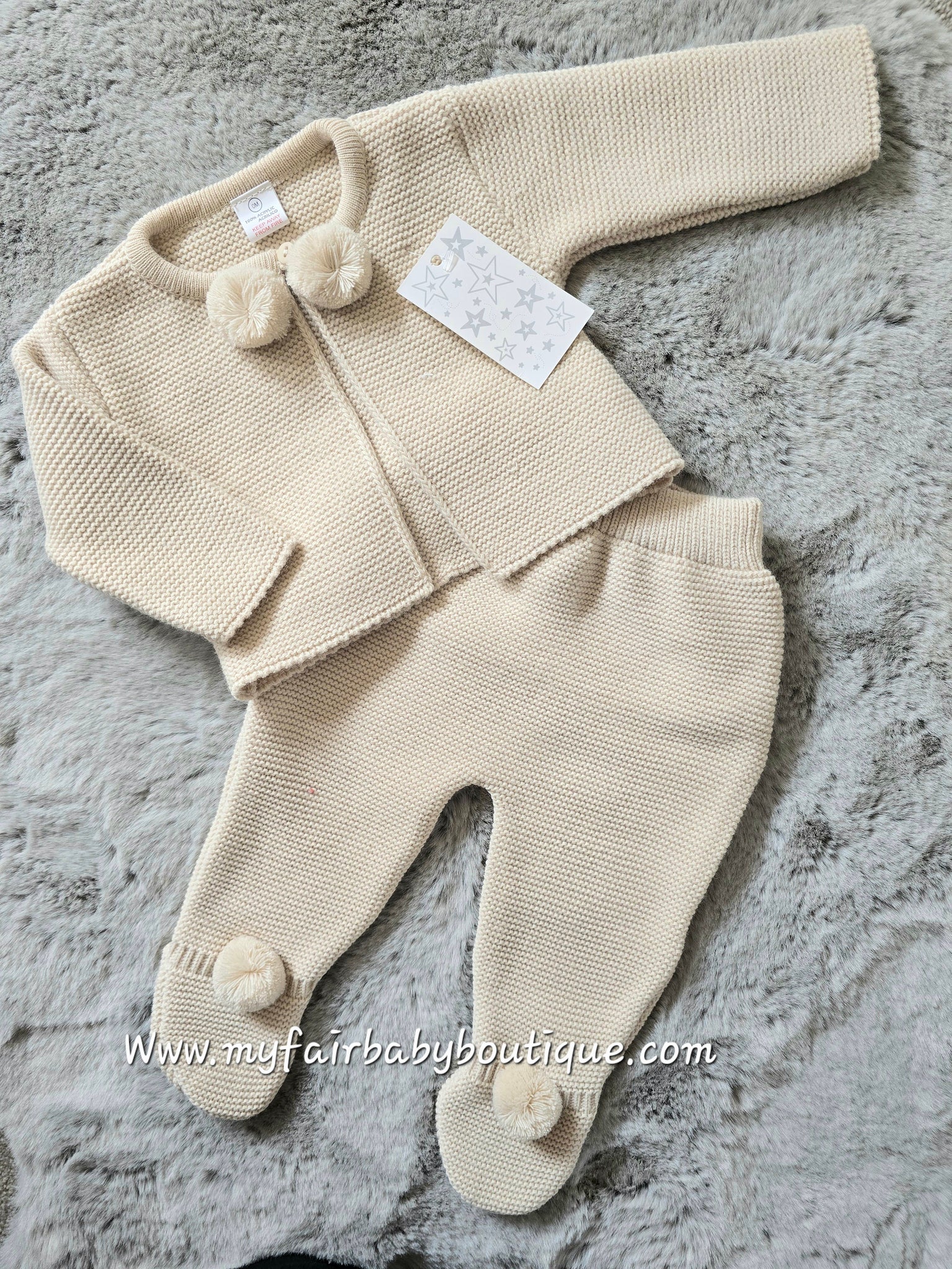 Spanish Unisex Baby Beige Knitted Pom Pom Trouser & Cardigan Set - NB