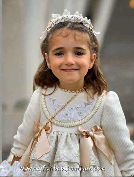 Sonata Infantil AW25 Spanish Girls Cream & Gold Christmas Puffball Dress IN2516 ~ MADE TO ORDER