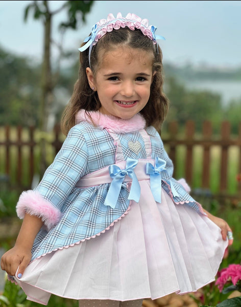 Sonata Infantil AW25 Spanish Girls Blue & Pink Check Puffball Dress IN2519 ~ MADE TO ORDER
