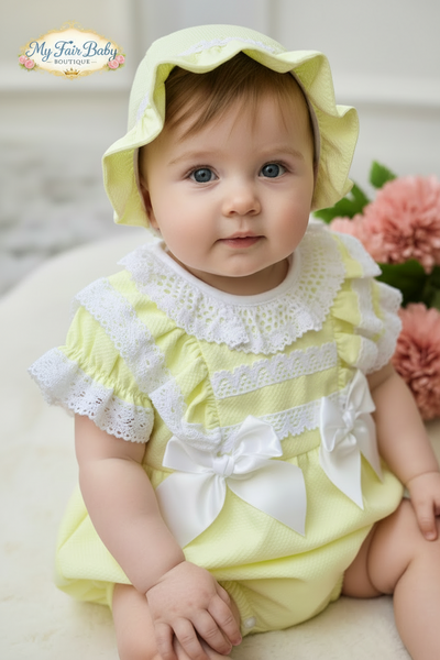 Spanish Baby Girls Lemon Waffle Romper & Bonnet Set