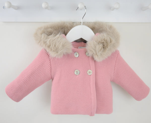 Traditional Baby Girls Dusky Pink Fur Trimmed Knitted Jacket