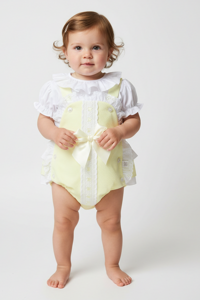 Spanish Baby Girls Lemon Waffle Lace & Bow Romper M002Y