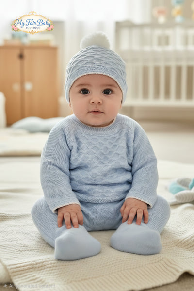 Spanish Baby Boys Blue & White Knitted Lattice 3PC Set C7005 - 1-6m