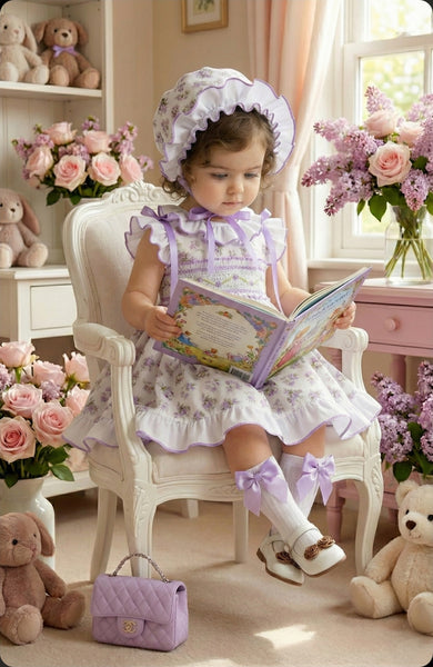 Sonata Infantil SS26 Girls Lilac Floral Smocked Puffball Dress VE2608 ~ MADE TO ORDER