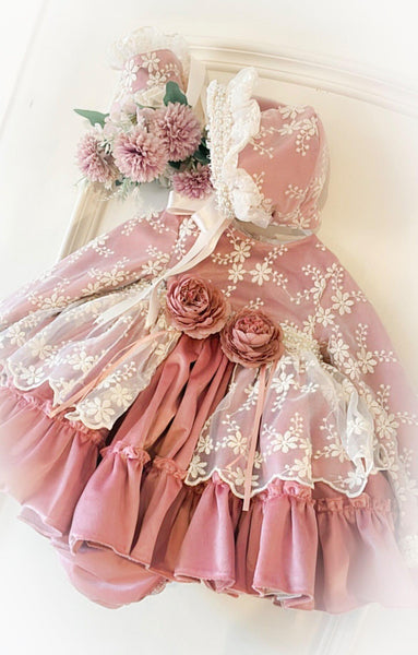 Ela Confeccion AW26 Spanish Girls Dusky Pink Lacey Puffball Dress - MADE TO ORDER