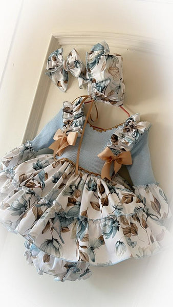 Ela Confeccion AW25 Spanish Girls Blue Floral Puffball Dress - MADE TO ORDER