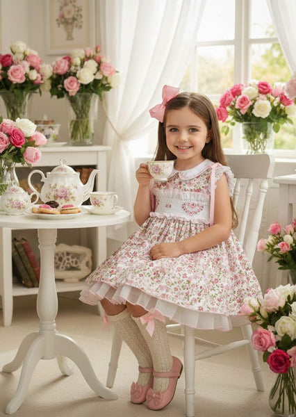 Sonata Infantil SS26 Girls Multi Floral Smocked Heart Dress VE2617 ~ MADE TO ORDER