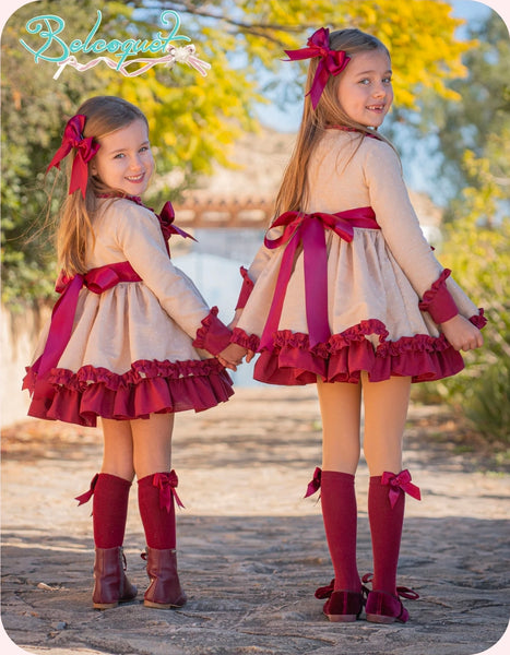 Belcoquet AW26 Paloma Burgundy & Camel Puffball Dress