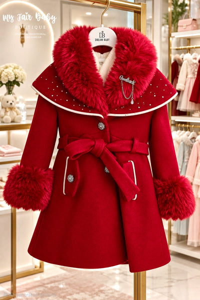 Traditional Girls Red Fur Trimmed Winter Coat & Dress Set ~ 2-11y