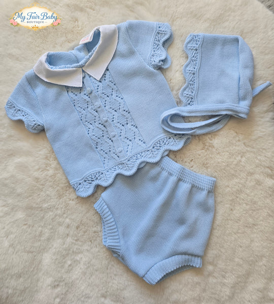 Spanish Baby Girls Blue Knitted Jam Pant 3pc Set ~ 0-3m