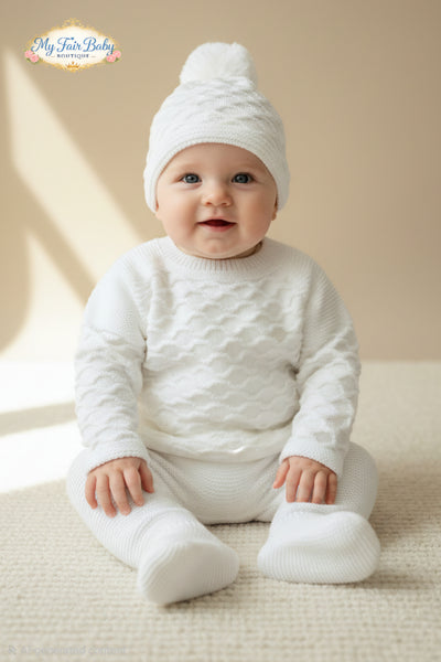 Spanish Unisex Baby White Knitted Lattice 3PC Set C7005 - 1-6m