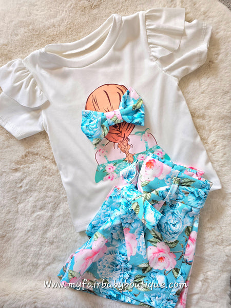 Older Girls Blue Floral Diamanté Short & Top Set ~ 4-14y