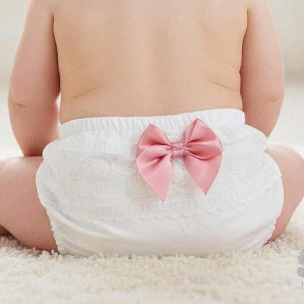 Traditional Baby Girls White Lace & Bow Frilly Pants