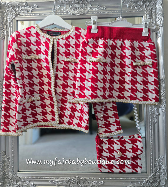 Girls Red Houndstooth 3pc Skirt Set ~ 4-12y