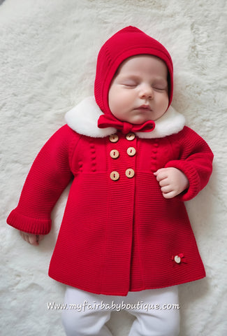 Spanish Baby Girls Red Knitted Fur Trimmed Jacket & Bonnet ~ 3-24m
