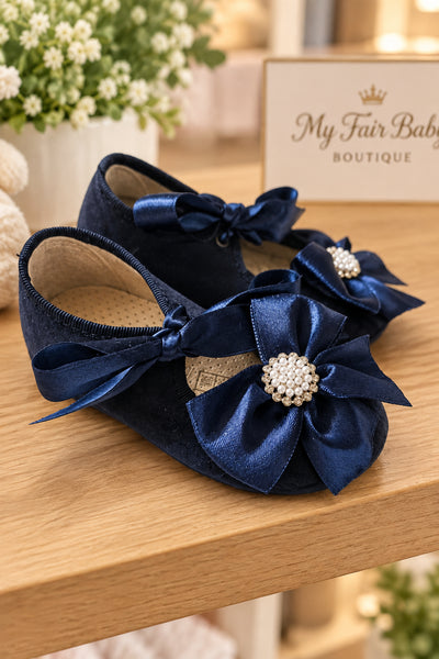 Spanish Girls Navy Suede Bow & Charm Shoes