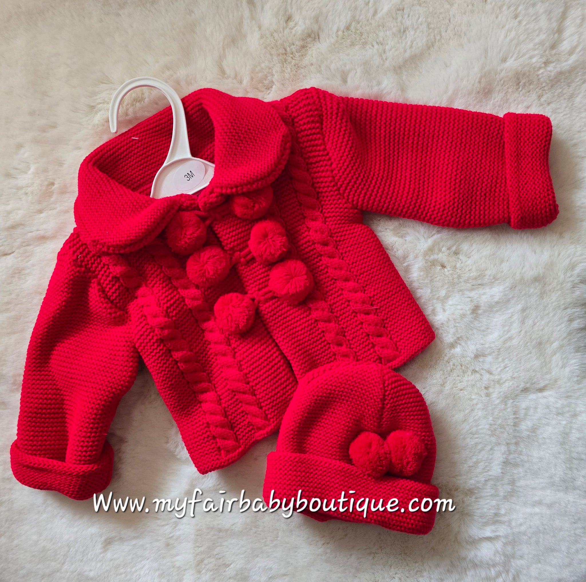 Spanish Unisex Baby Red Knitted Pom Pom Jacket & Hat Set ~ 3,18m