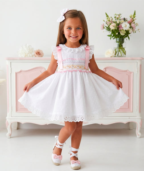 Sonata Infantil SS26 Girls White Plumetti Smocked Puffball Dress VE2631 ~ MADE TO ORDER