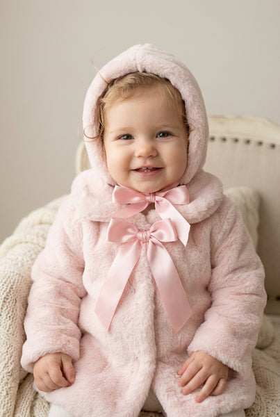 Spanish Baby Girls Pink Plush Faux Fur Jacket & Bonnet ~ 6,36m