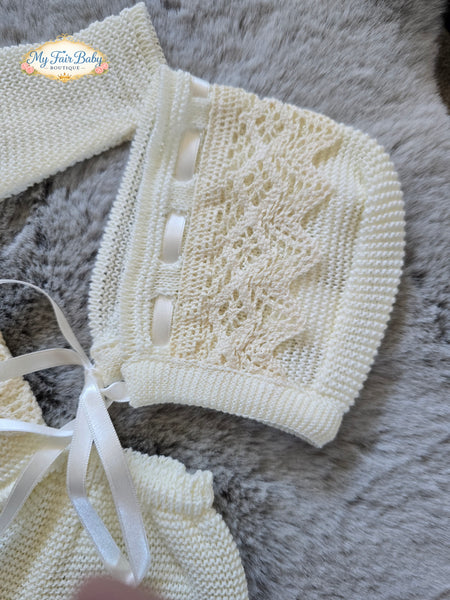 Spanish Creaciones Gavidia Unisex Baby Cream Knitted 3pc Lace Set 1136