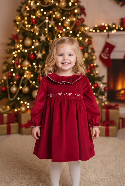 Spanish Girls Red Velvet Smocked Dress