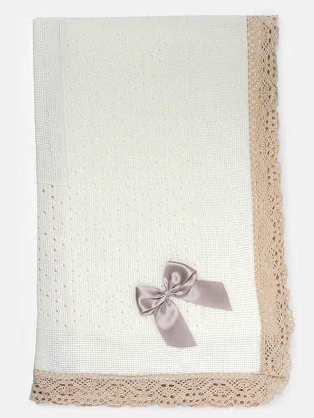 Spanish Unisex Baby Cream & Beige Lace Bow Shawl / Blanket